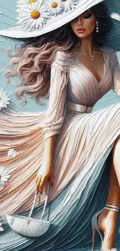 Elegant art of a woman in a flowing daisy dress.