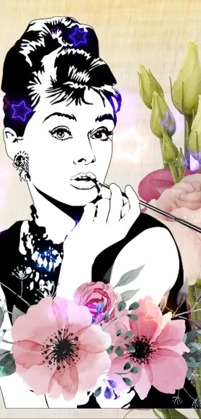 Elegant art deco floral wallpaper with black-and-white portrait and vibrant colors.