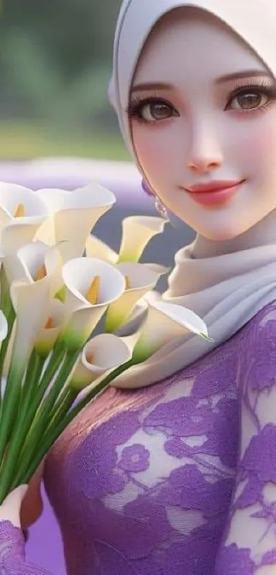 Woman in purple dress holding flowers.