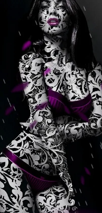 Black and white floral art with purple accents in mobile wallpaper.