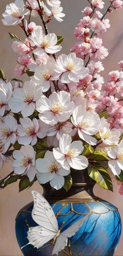 Vibrant cherry blossoms in a blue vase.