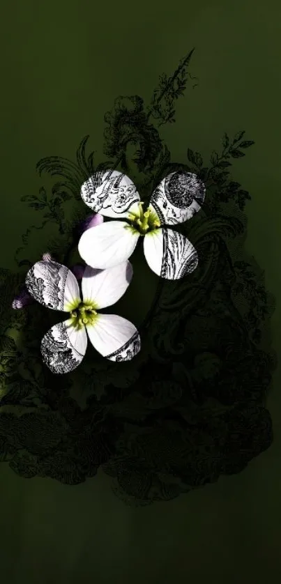 White flowers on dark green background, artistic mobile wallpaper.