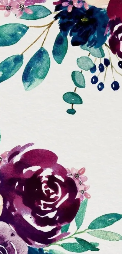 Watercolor floral wallpaper with burgundy roses.