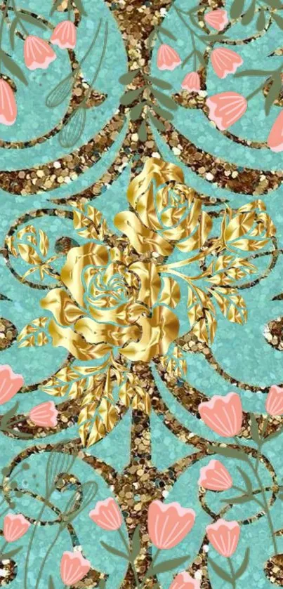 Elegant floral wallpaper with golden roses on an aqua background.