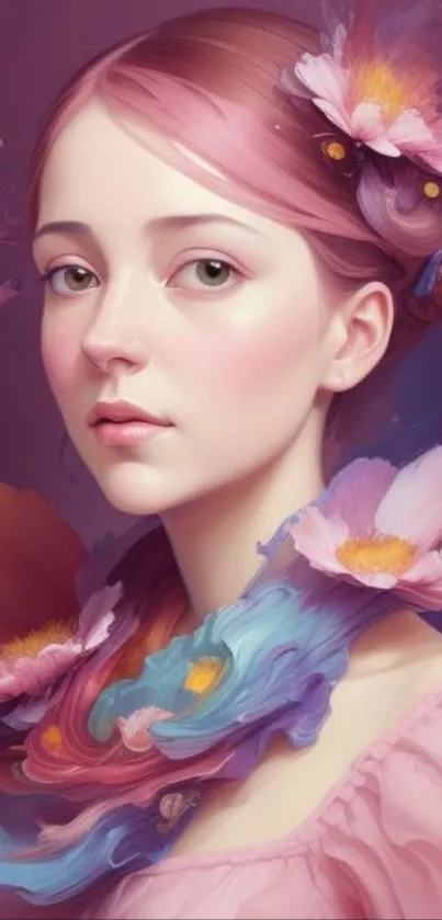 Elegant portrait of a woman with floral accents in pastel pink hues.