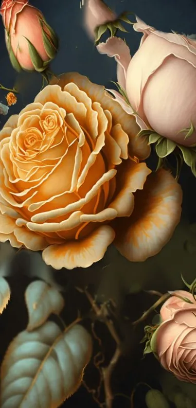 Elegant wallpaper with artistic orange roses and intricate floral design.