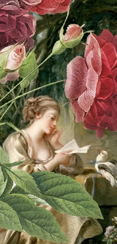 Elegant floral art wallpaper with roses and serene figure.