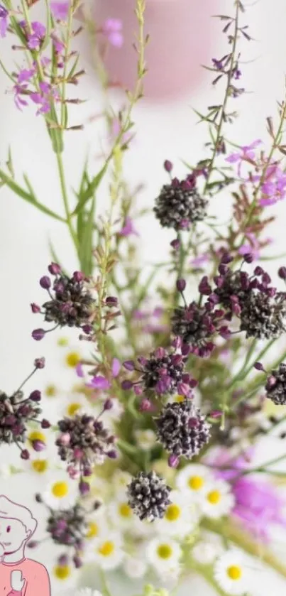 Elegant floral wallpaper with purple and white wildflowers for mobile phones.