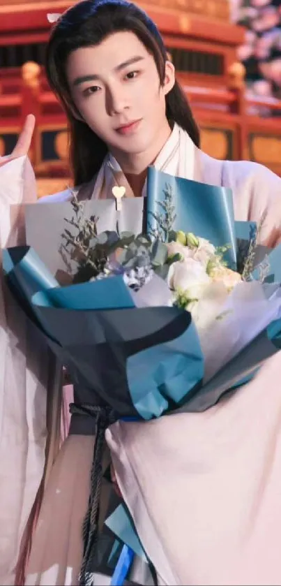 Serene Asian figure holding a bouquet.