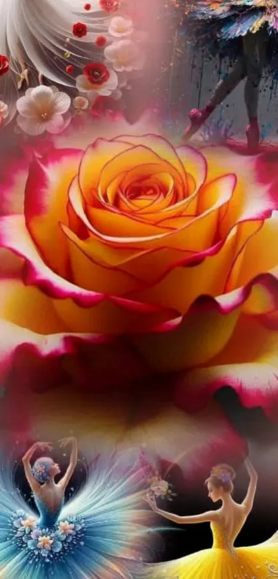 Elegant mobile wallpaper with a large rose and ballet dancers.