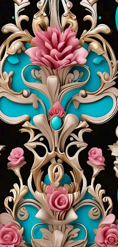 Intricate baroque floral design with teal and pink hues.
