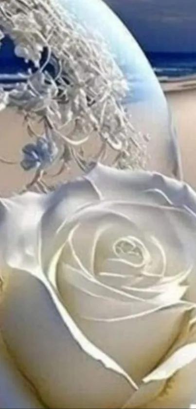 White rose with beach backdrop in elegant design.