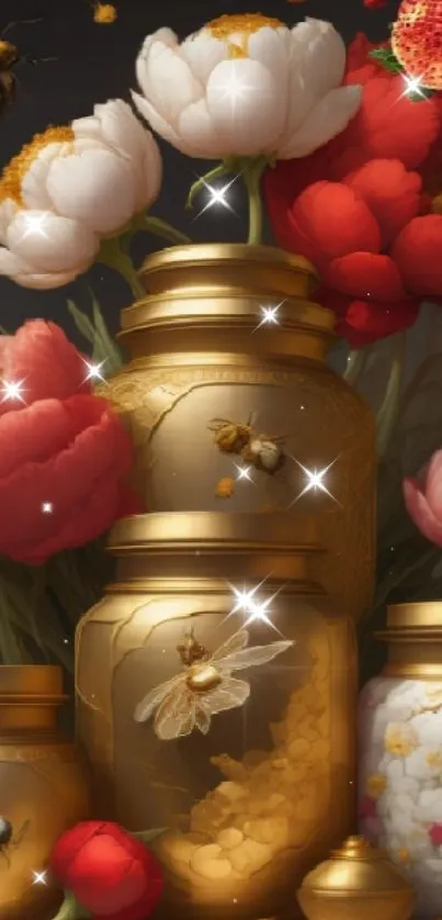 Elegant wallpaper with peonies and bees in golden jars.