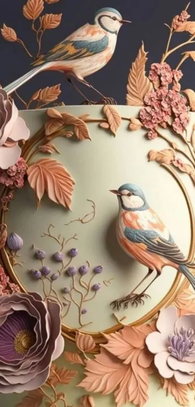 Elegant floral wallpaper with birds and pastel pink accents.