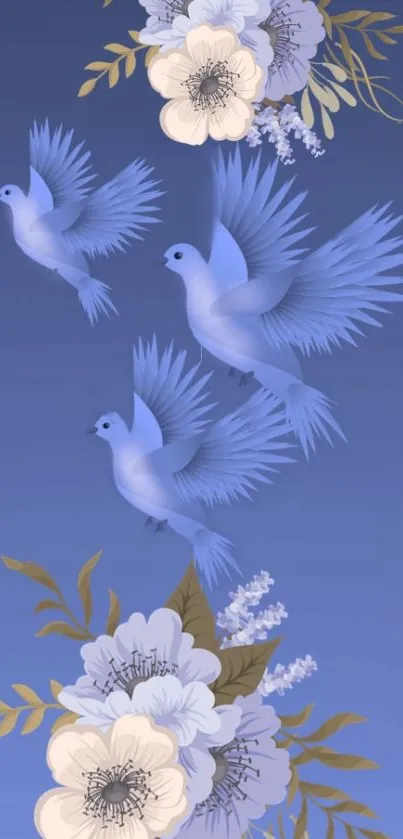 Elegant blue birds with flowers on a gradient background.