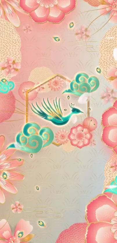 Floral and bird themed mobile wallpaper in pastel tones.