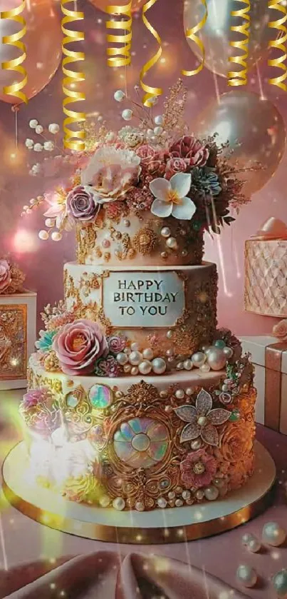 Luxurious floral birthday cake with candles and gifts.