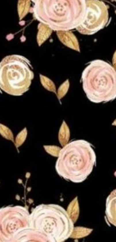 Elegant black wallpaper with pink and gold floral patterns.