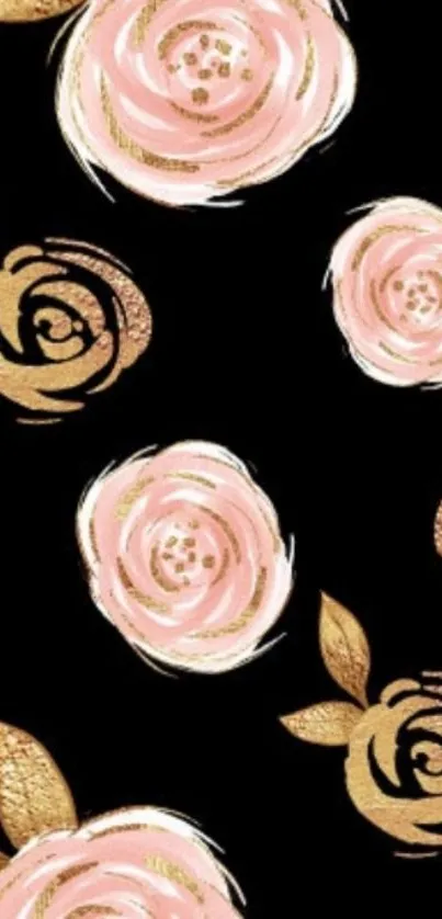 Elegant black wallpaper with pink and gold roses.