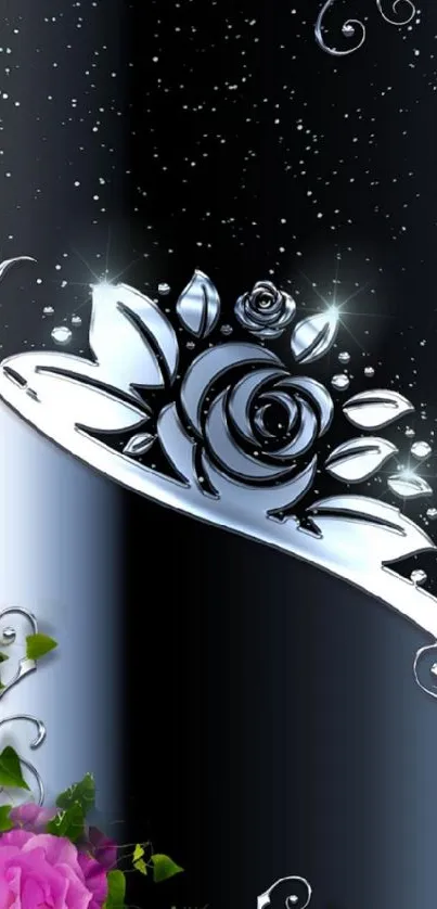 Elegant black wallpaper with silver floral and pink rose accents.