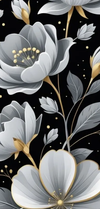 Black wallpaper with elegant gray and gold flowers.