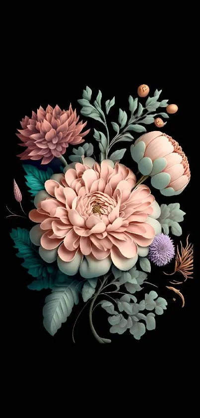 Elegant floral design with pink and green on black background mobile wallpaper.