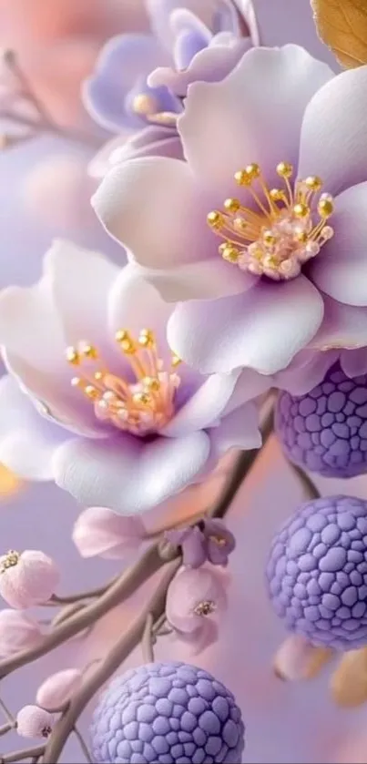 Elegant purple floral wallpaper with delicate blossoms.