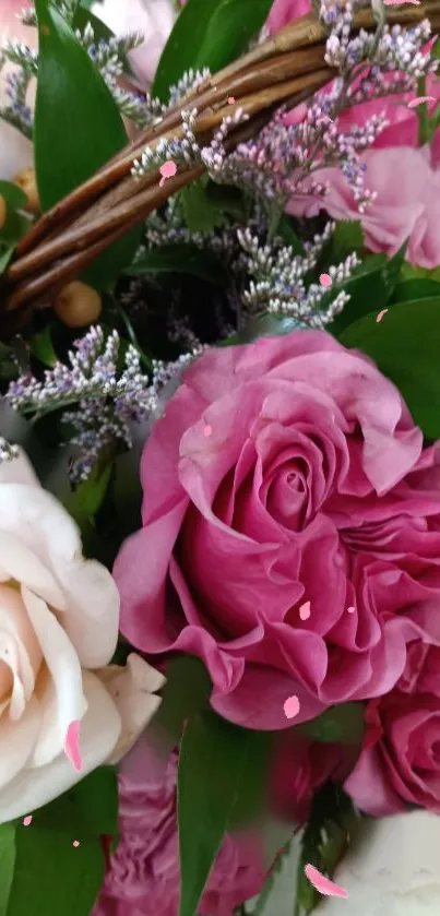 Pink and white roses with green leaves floral wallpaper.