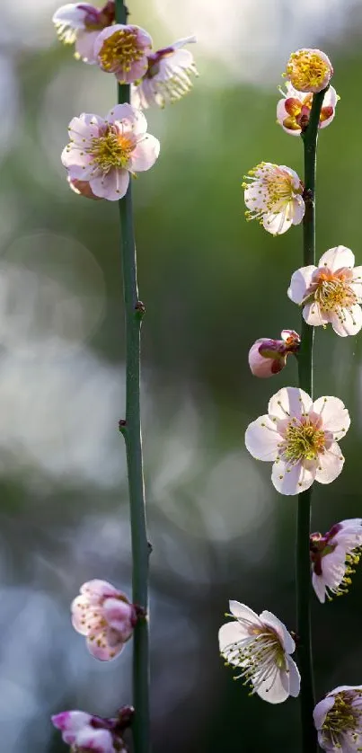 Delicate blossoms with green background, serene floral mobile wallpaper.