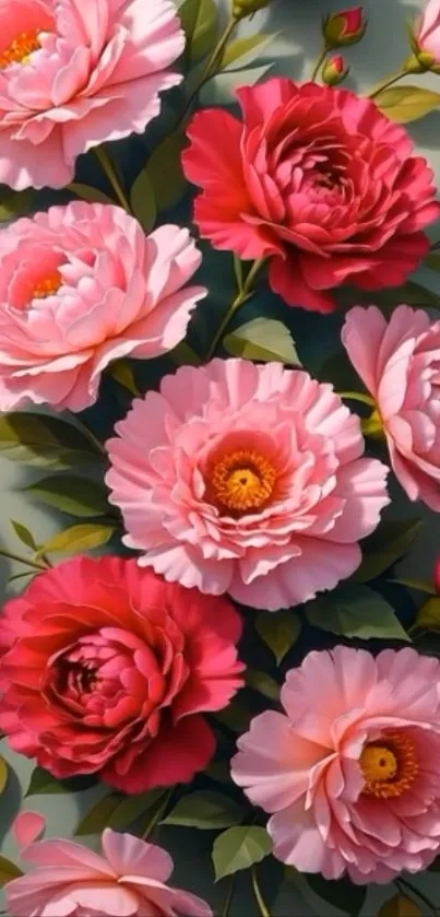 Elegant pink and red floral arrangement with lush green leaves.