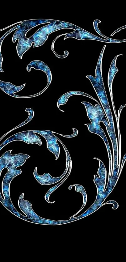 Elegant blue floral design on black background.