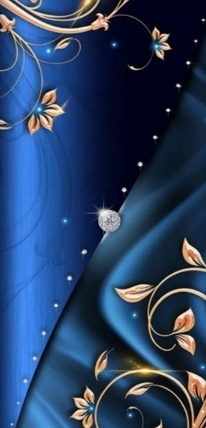 Elegant blue wallpaper with floral and gold designs.