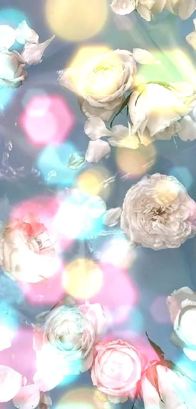 Elegant wallpaper with white roses on blue background.