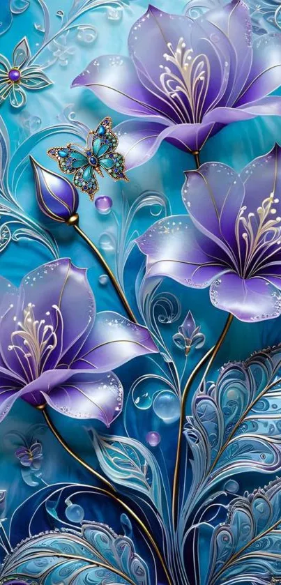 Elegant blue wallpaper with purple flowers and butterflies.