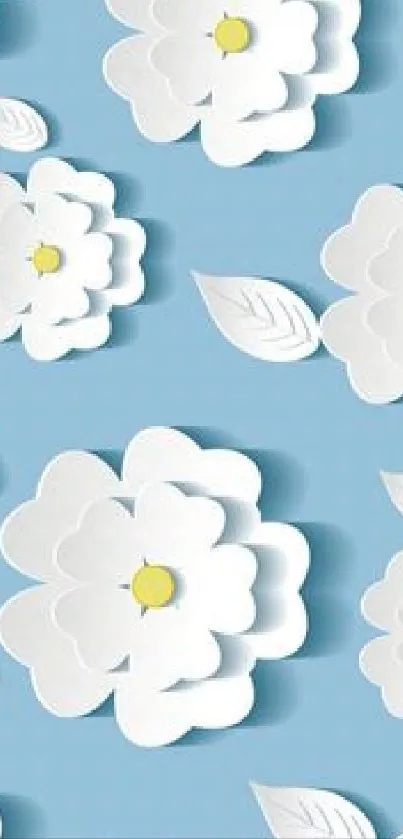 Elegant blue wallpaper with white floral pattern and subtle leaves.