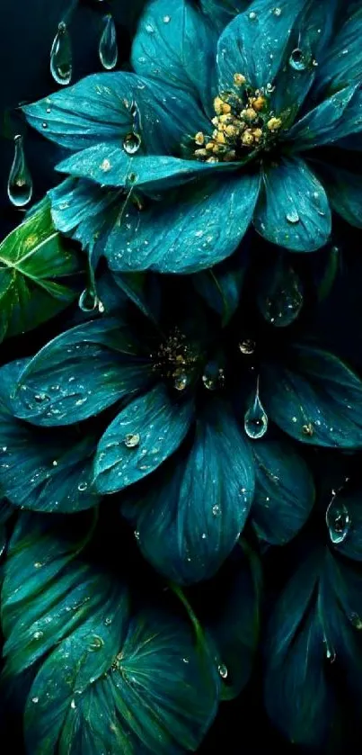 Blue floral wallpaper with dew drops.