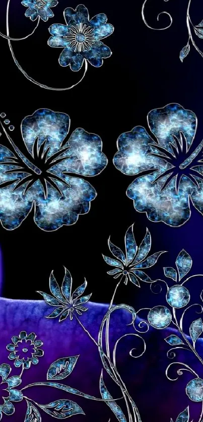 Elegant blue floral design on purple background.