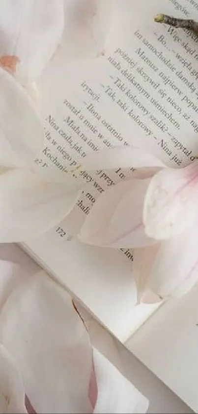 Soft pink magnolia flowers on open book wallpaper.