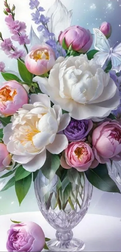 Elegant floral bouquet with roses and butterfly in a vase.