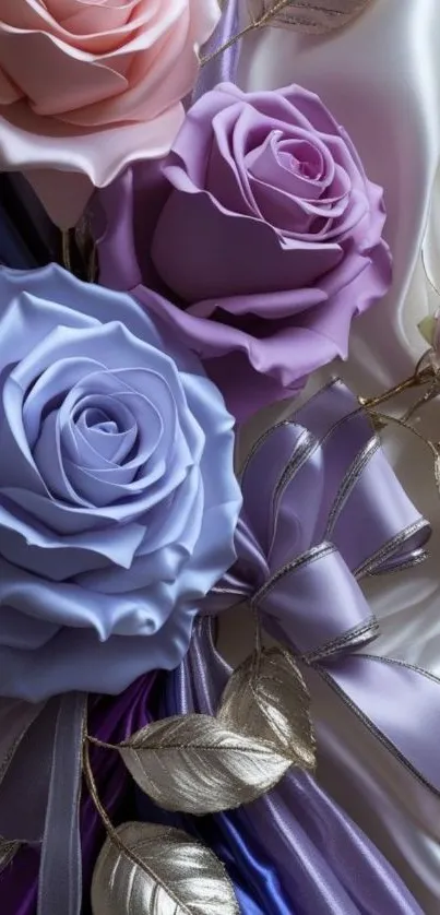 Elegant bouquet with pastel roses and satin ribbons.