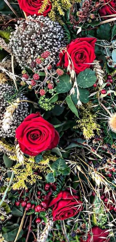 Elegant floral bouquet with red roses and vibrant greenery.