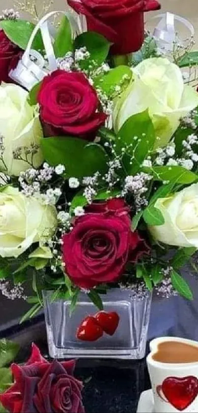 Floral arrangement of red and white roses with heart-decorated mug.