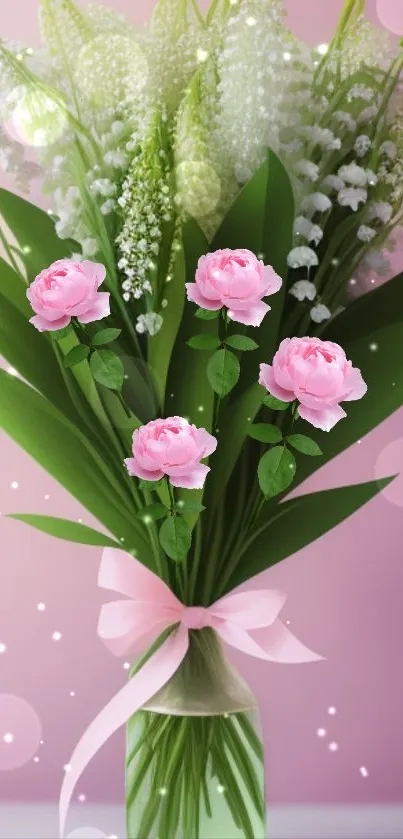 Elegant pink floral bouquet wallpaper with roses.