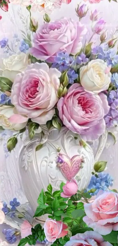 Elegant wallpaper with pink roses in a vase with pastel flowers.