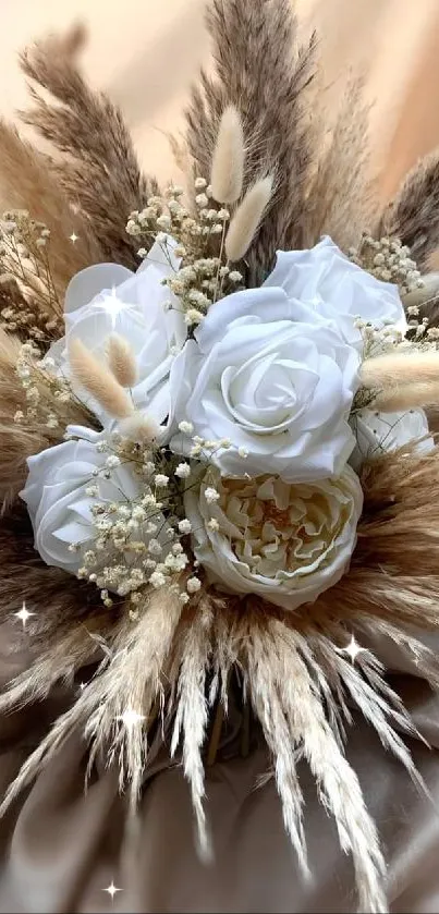 Elegant bouquet of white roses and pampas grass on soft beige fabric.