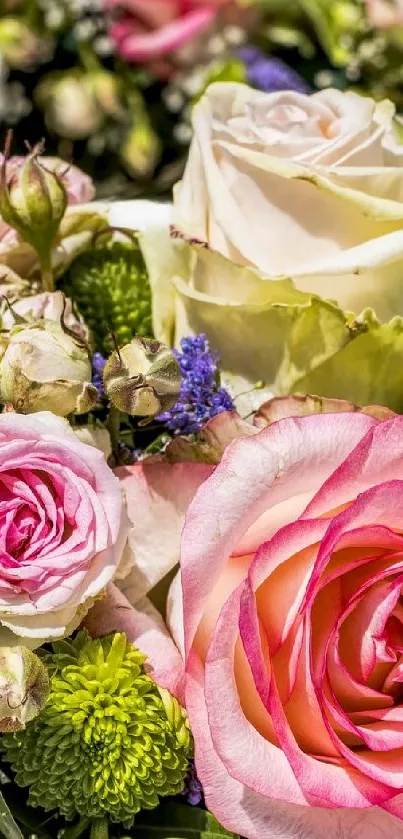 A vibrant floral bouquet with pink roses and lush greenery.