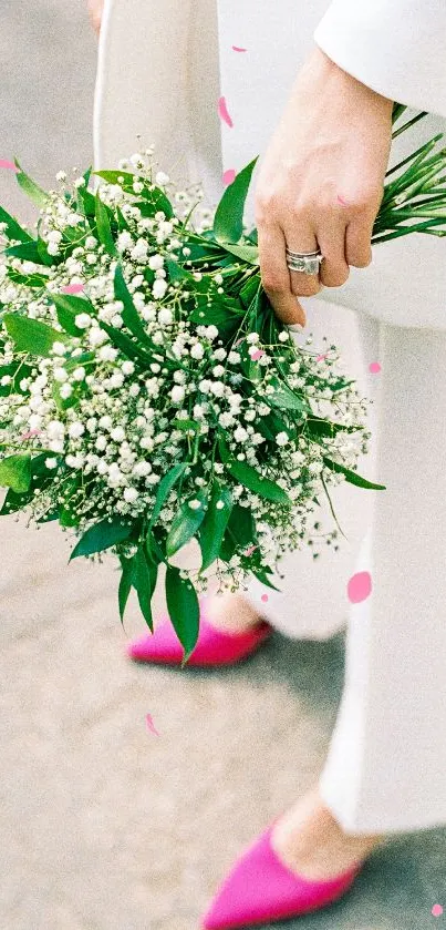 Elegant bouquet with green and white florals and pink heels, for mobile wallpaper.