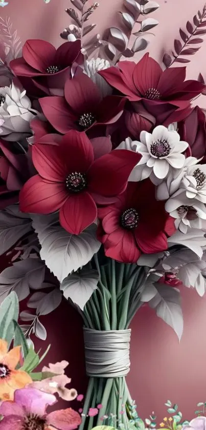 Colorful bouquet of red and white flowers on a mobile wallpaper.