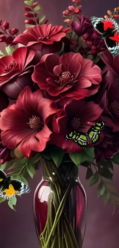 Elegant floral wallpaper with red blooms and butterflies.