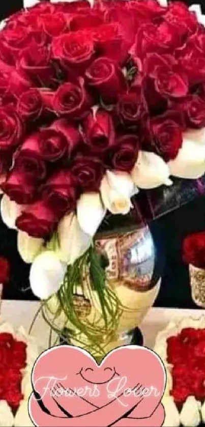 Elegant bouquet of red and white roses in a decorative display.